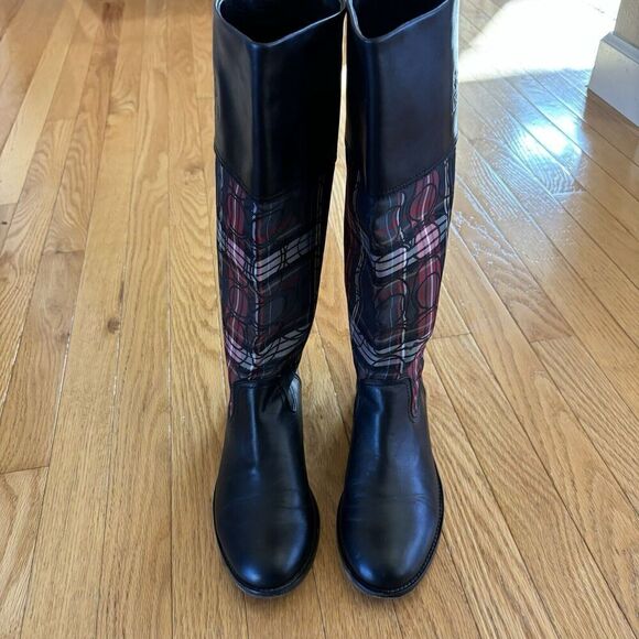 COACH CHRISSI SIGNATURE BLACK Leather Plaid Knee High Riding Boots Sz 7 - Picture 11 of 12